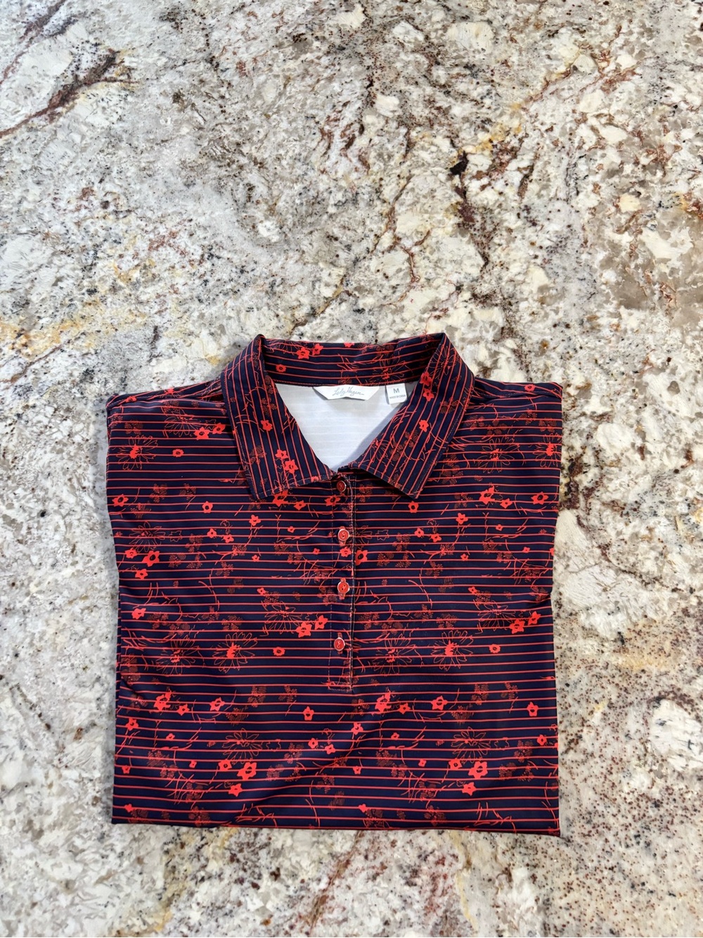 Lady Hagen Navy Polo with Coral Floral Stripe Pattern - Picture 3 of 4